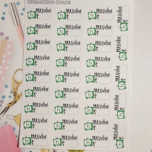 May include: A sheet of stickers with a green television icon and the text "HULU due" repeated multiple times. The stickers are designed for use in a planner or journal.