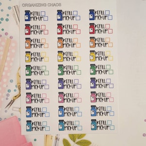 May include: A sheet of colorful stickers with a pill bottle design and the text "REFILL PICKUP" with a checkbox next to it. The stickers are in various colors including blue, red, orange, yellow, green, pink, and light blue.