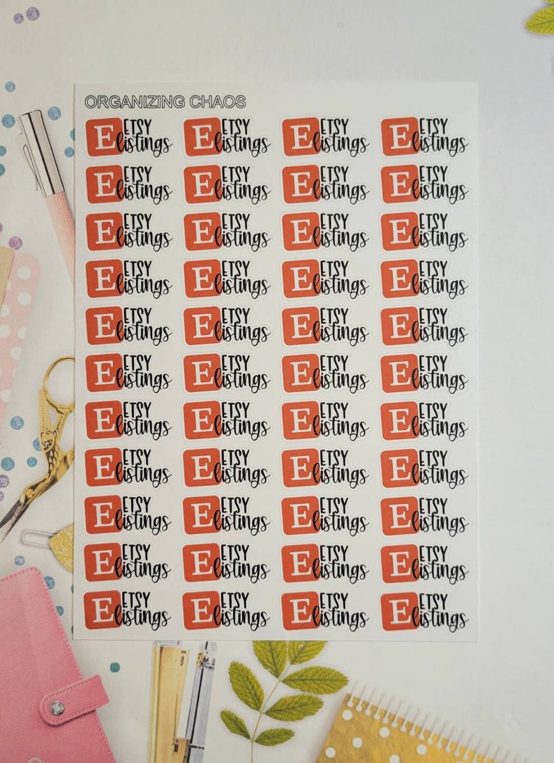 May include: A sheet of 36 orange and white Etsy listing stickers with the text "Etsy Listings" in black lettering.