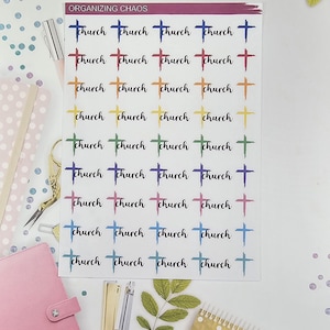 May include: A sheet of stickers with the word "church" and a cross in various colors, including blue, red, yellow, green, and orange. The text "ORGANIZING CHAOS" is at the top of the sheet.