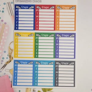 May include: Nine colorful printable stickers with a running shoe graphic and the word "Steps" above a grid for tracking daily steps. The grid is labeled with the days of the week: M, T, W, Th, F, S, Su.