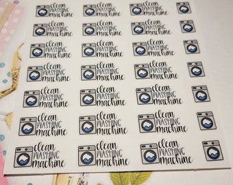 May include: A sheet of stickers with a gray and blue washing machine icon and the text "clean washing machine" repeated 20 times.