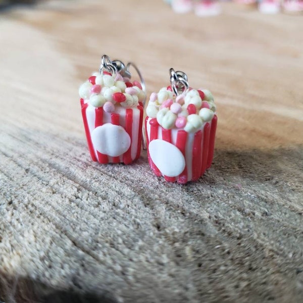 Valentine's day popcorn dangle earrings, handmade polymer clay jewelry, miniature food, butter popcorn, red and pink M&Ms, foodie gift