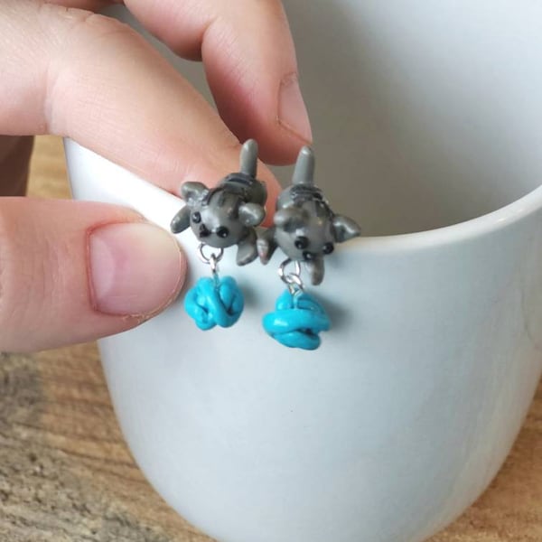 Kitten and ball of yarn stud earrings, handmade with polymer clay, crazy cat lady gift, clay miniatures, cat toys, earring posts, grey kitty