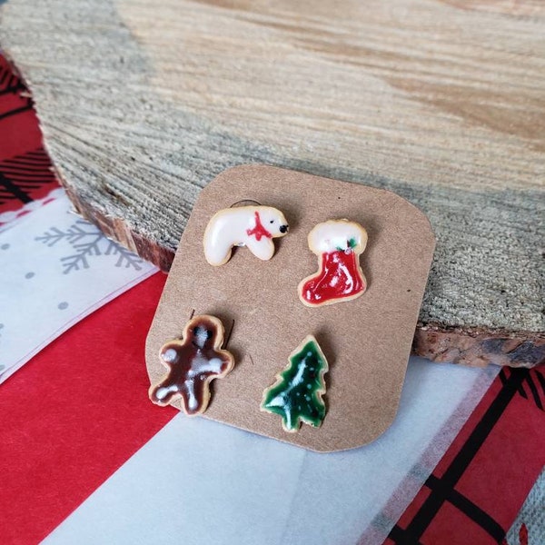 Mismatch (4pcs) Christmas stud earrings, polar bear, gingerbread man, xmas tree, stocking, tiny stud earrings, micro, frosted sugar cookies