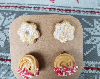 Dainty (4pcs) christmas cookie earring set, frosted butter cookie, candy cane, handmade polymer clay, fake food, gift for her