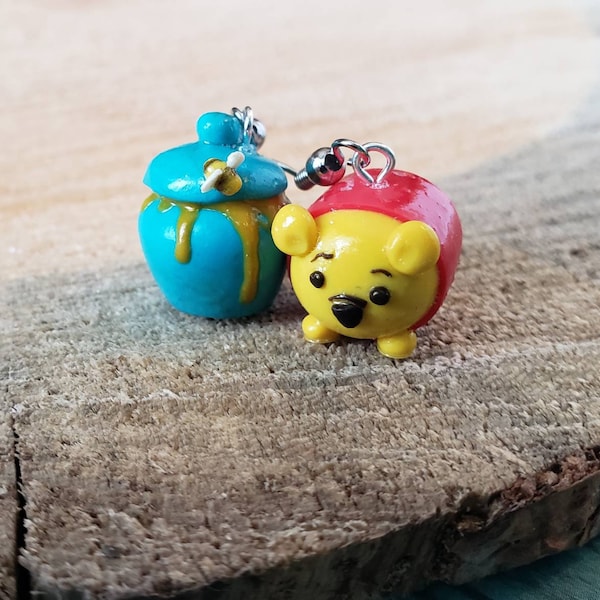 Pooh bear y honey pot desajustan pendientes colgantes, joyas de arcilla polimérica hechas a mano, winnie the pooh