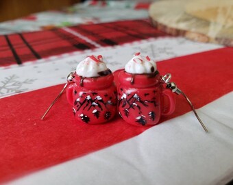 Hot chocolate mason jar mug dangle earrings, peppermint hot cocoa, hand painted mountain scene, mountain mug, rustic Christmas polymer clay