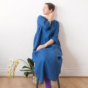 Ocean blue linen dress, Spring Summer Autumn Winter linen dress, Ready to ship, Oversized drop shoulder basic smock dress image 1