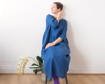 Ocean blue linen dress, Spring Summer Autumn Winter linen dress, Ready to ship, Oversized drop shoulder basic smock dress