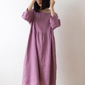 Wild orchid pink linen dress, Spring Summer Autumn Winter linen dress, Ready to ship, Oversized drop shoulder basic smock dress