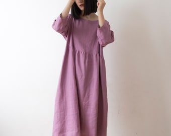 Wild orchid pink linen dress, Spring Summer Autumn Winter linen dress, Ready to ship, Oversized drop shoulder basic smock dress