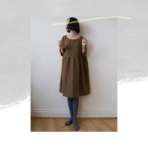 Golden bronze glen check linen dress, Spring Summer Autumn Winter linen dress, basic smock dress, ready to ship image 8