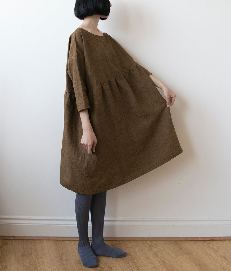 Golden bronze glen check linen dress, Spring Summer Autumn Winter linen dress, basic smock dress, ready to ship image 1