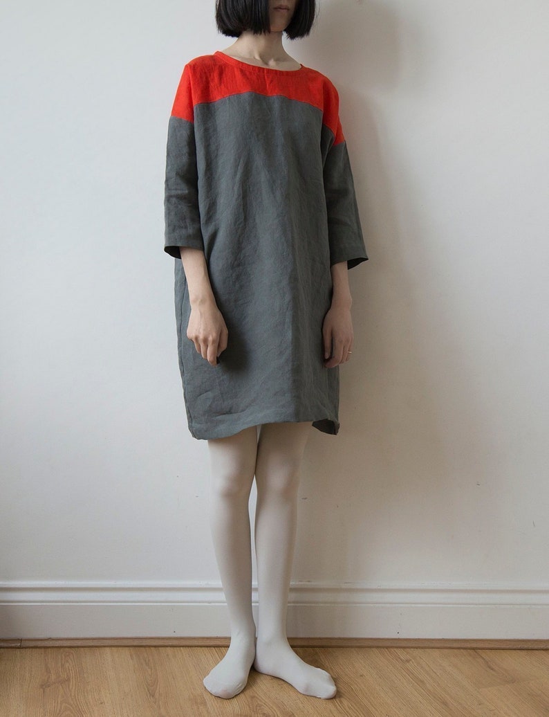 Vibrant scarlet red and muted dark olive grey linen dress Etsy
