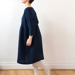 Midnight blue linen dress, knee length, drop shoulder basic smock dress, ready to ship image 4