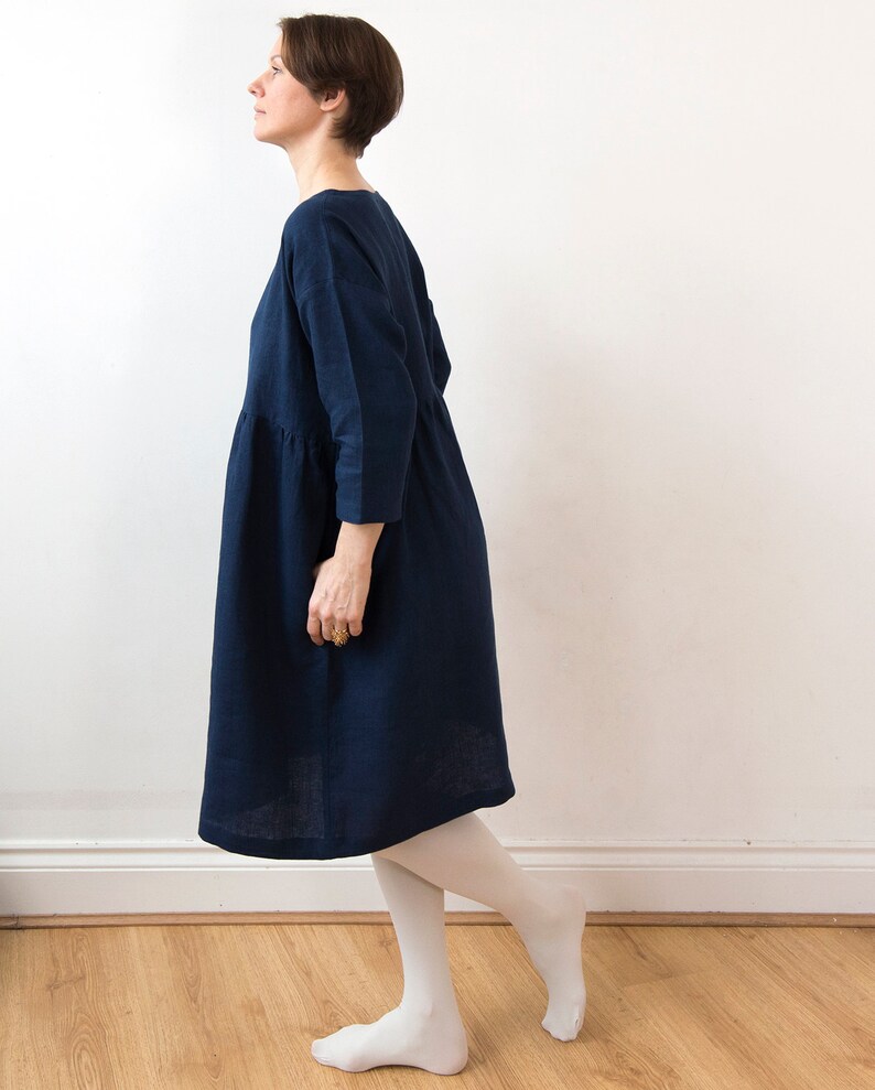 Midnight blue linen dress, knee length, drop shoulder basic smock dress, ready to ship image 4