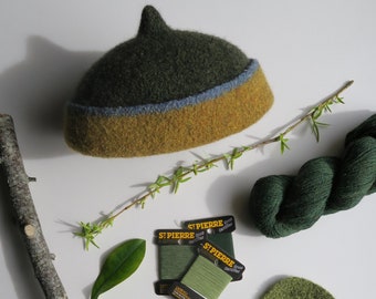 Dark mustard yellow edge and green top wool hat, handmade winter woolen hat