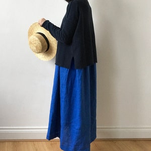 French blue linen dress, Spring Summer Autumn Winter linen dress, Ready to ship, Oversized drop shoulder basic dress imagem 3