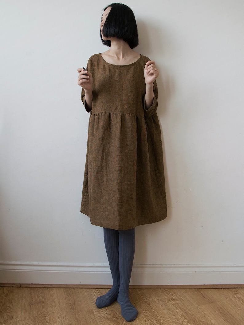 Golden bronze glen check linen dress, Spring Summer Autumn Winter linen dress, basic smock dress, ready to ship image 3