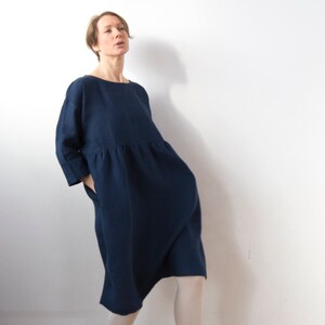 Midnight blue linen dress, knee length, drop shoulder basic smock dress, ready to ship image 5