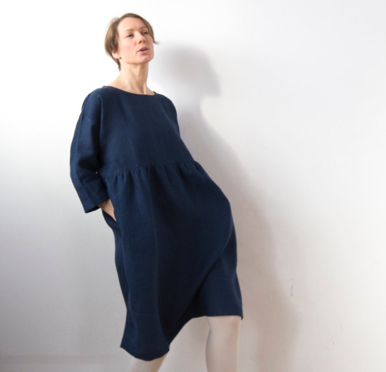 Midnight blue linen dress, knee length, drop shoulder basic smock dress, ready to ship image 5