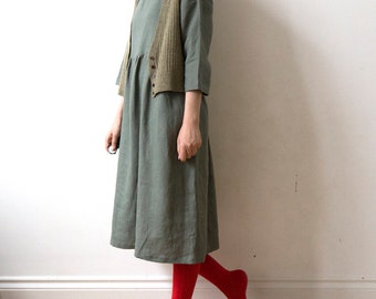 Misty mountain muted green linen dress, Spring Summer Autumn linen dress, Oversized drop shoulder basic smock dress, ready to ship