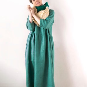 Jade green linen dress, Spring Summer Autumn Winter linen dress, Ready to ship, Oversized drop shoulder basic smock dress image 1