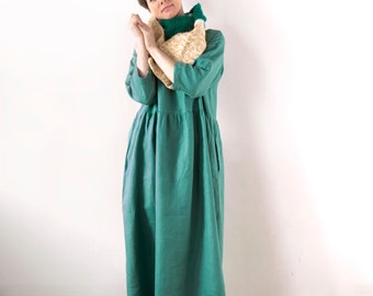 Jade green linen dress, Spring Summer Autumn Winter linen dress, Ready to ship, Oversized drop shoulder basic smock dress