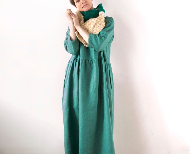 Jade green linen dress, Spring Summer Autumn Winter linen dress, Ready to ship, Oversized drop shoulder basic smock dress image 1