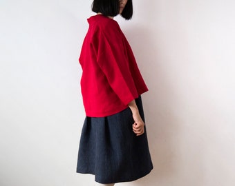 Chaqueta kimono de lino rojo festivo, Top de primavera verano otoño hecho a mano, Top de hombros caídos de gran tamaño, Listo para enviar