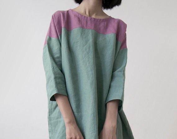 Wild Orchid Pink and Celadon Blue Linen Dress, Handmade Spring Summer  Autumn Winter Linen Tunic Dress, Drop Shoulder Basic Kaftan Dress - Etsy  Israel