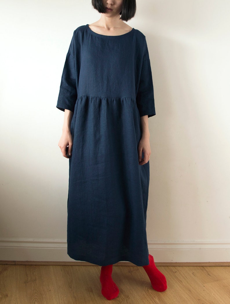 Midnight Blue Linen Dress Spring Summer Autumn Winter Linen | Etsy UK