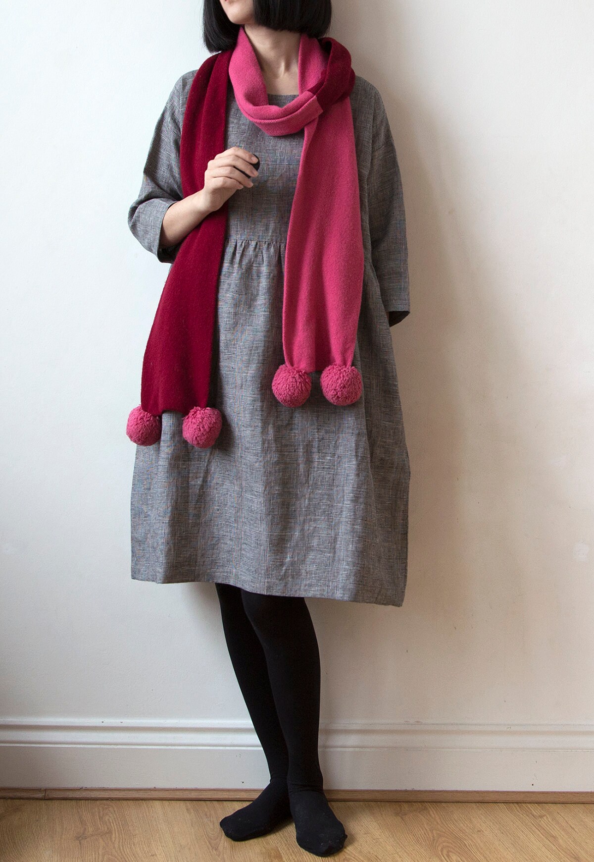 Gray glen check linen dress, Spring Summer Autumn Winter linen dress, basic smock dress, ready to ship