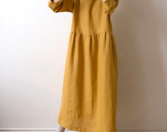 Turmeric yellow linen dress, Spring Summer Autumn Winter linen dress, Ready to ship, Oversized drop shoulder basic smock dress