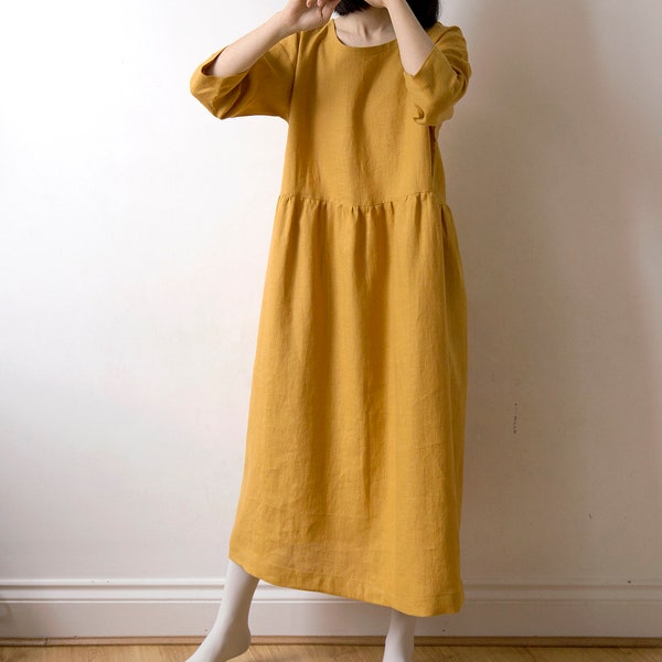 Turmeric yellow linen dress, Spring Summer Autumn Winter linen dress, Ready to ship, Oversized drop shoulder basic smock dress