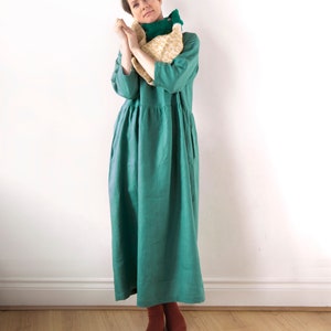 Jade green linen dress, Spring Summer Autumn Winter linen dress, Ready to ship, Oversized drop shoulder basic smock dress image 3