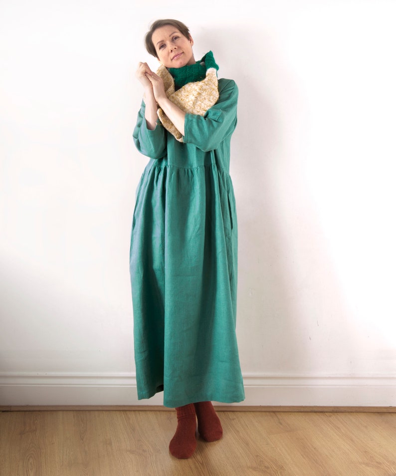 Jade green linen dress, Spring Summer Autumn Winter linen dress, Ready to ship, Oversized drop shoulder basic smock dress image 3