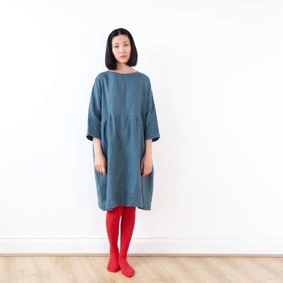 cloudy blue dress Short Sleeve Button Front Smock Dress, Ideal for Expecting Mothers - Cloudy Blue - S