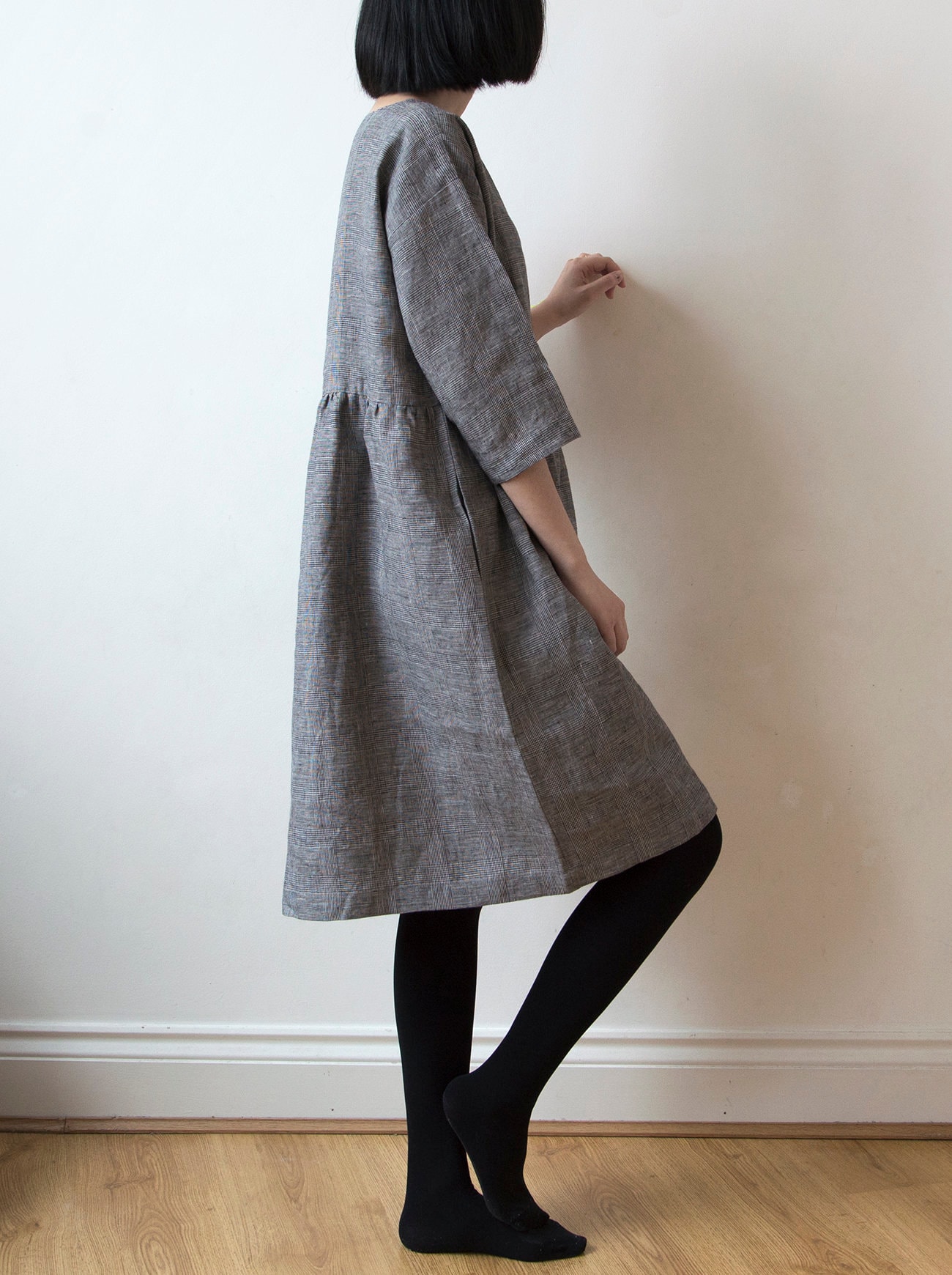 Gray glen check linen dress, Spring Summer Autumn Winter linen dress, basic smock dress, ready to ship Gray glen check linen dress, Spring Summer Autumn Winter linen dress, basic smock dress, ready to ship
