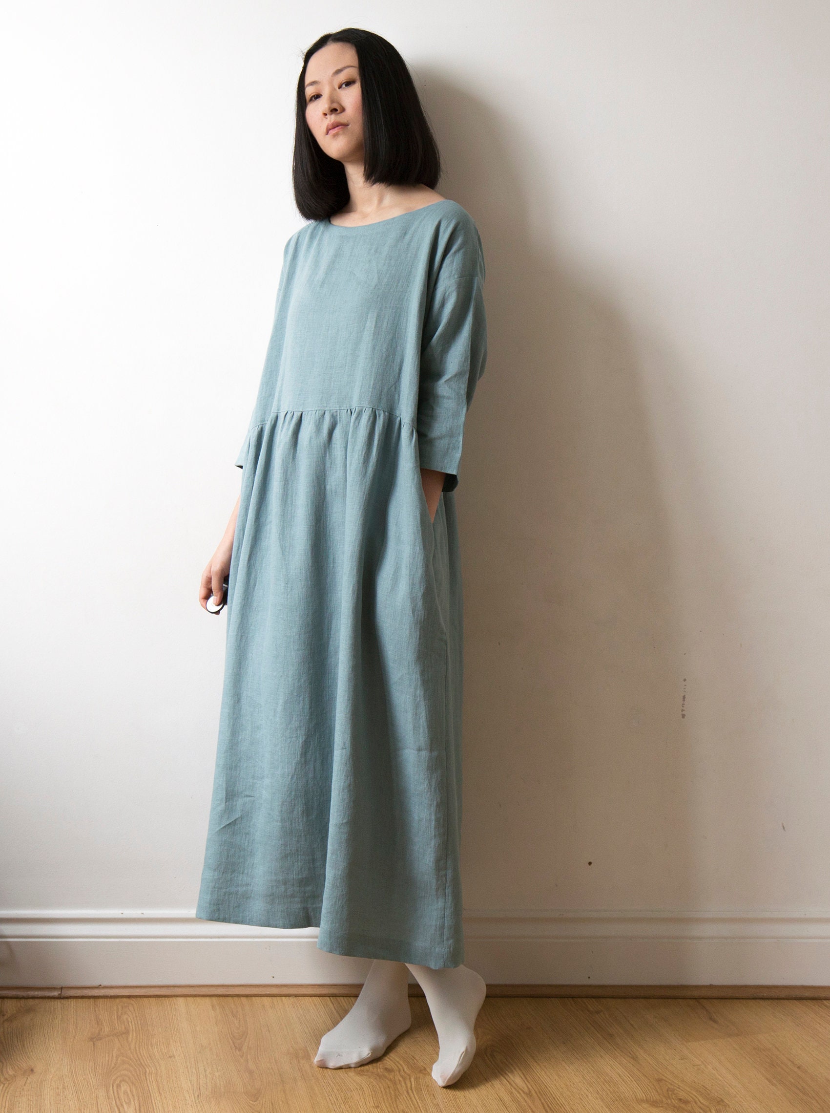 Celadon Porcelain Blue Linen Dress, Spring Summer Autumn