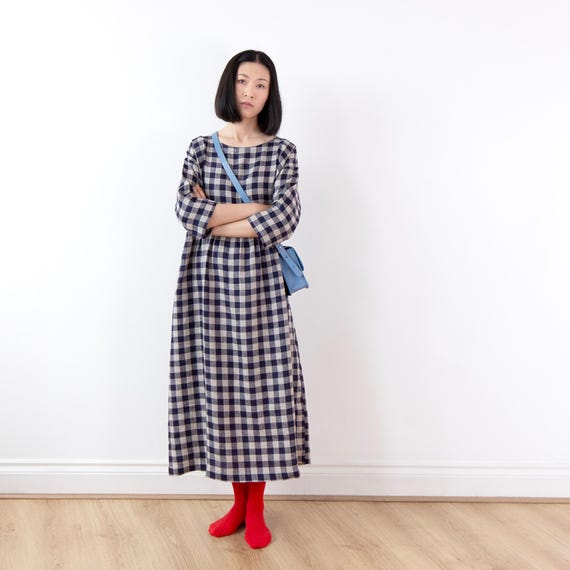 Indigo blue gingham linen dress, lower calf length, oversized drop shoulder basic smock dress Indigo blue gingham linen dress, lower calf length, oversized drop shoulder basic smock dress