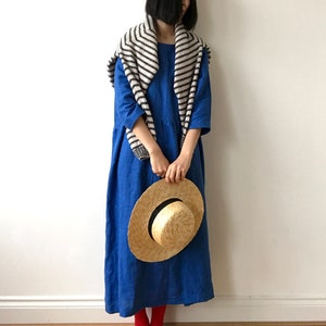 French blue linen dress, Spring Summer Autumn Winter linen dress, Ready to ship, Oversized drop shoulder basic dress image 2
