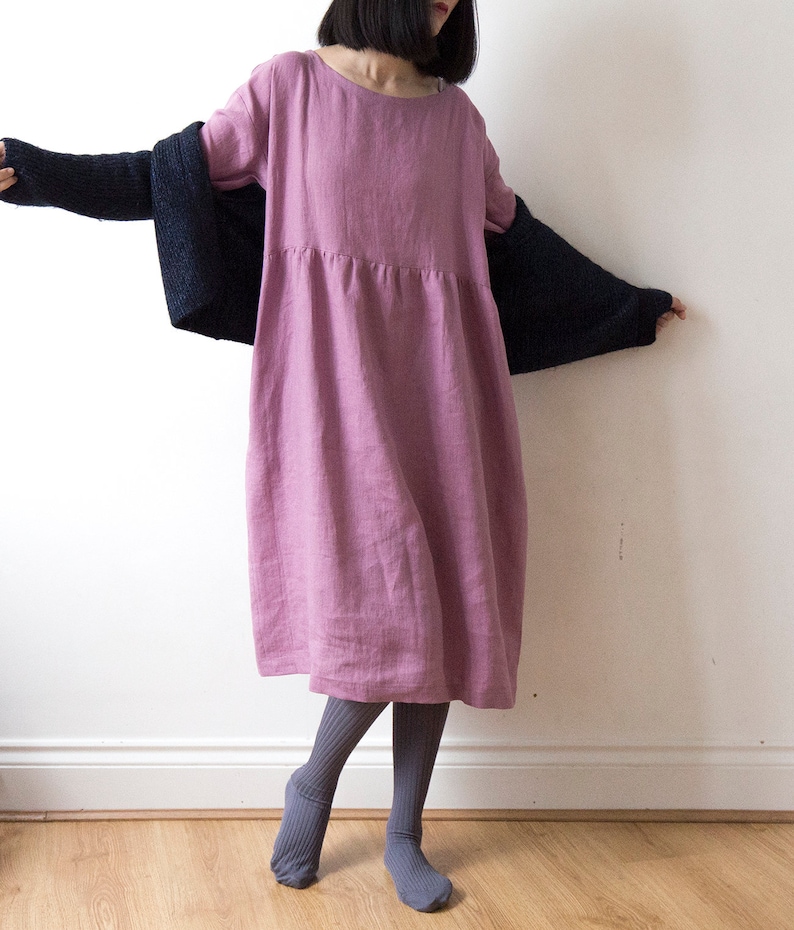 Wild orchid pink linen dress, Spring Summer Autumn Winter linen dress, Ready to ship, Oversized drop shoulder basic smock dress image 5