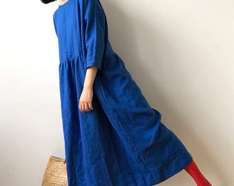 French blue linen dress, Spring Summer Autumn Winter linen dress, Ready to ship, Oversized drop shoulder basic dress