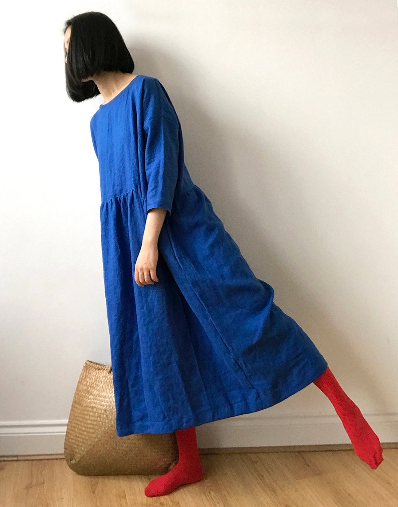 French blue linen dress, Spring Summer Autumn Winter linen dress, Ready to ship, Oversized drop shoulder basic dress image 1