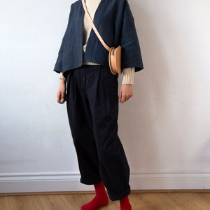 Navy glen check linen kimono jacket, Handmade Spring Summer Autumn top, Oversized drop shoulder top, Ready to ship image 4