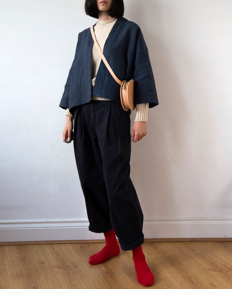 Navy glen check linen kimono jacket, Handmade Spring Summer Autumn top, Oversized drop shoulder top, Ready to ship image 4