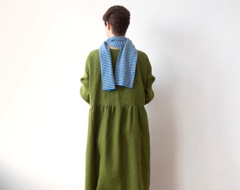 Rice field green linen dress, Spring Summer Autumn Winter linen dress, Ready to ship, Oversized drop shoulder basic smock dress