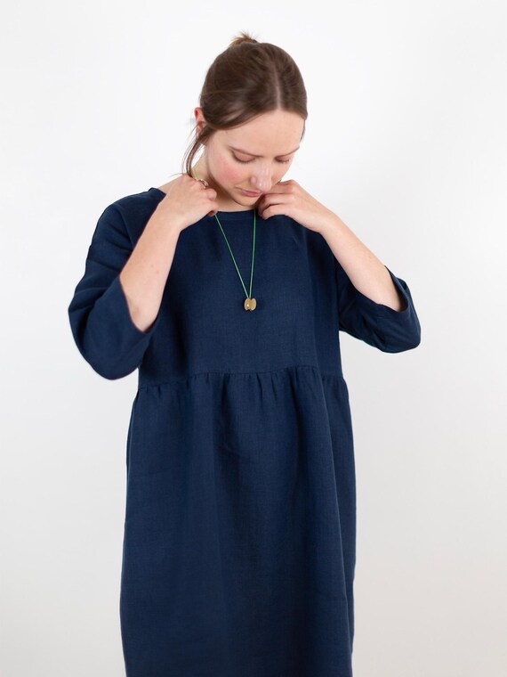 Midnight blue linen dress, knee length, drop shoulder basic smock dress, ready to ship